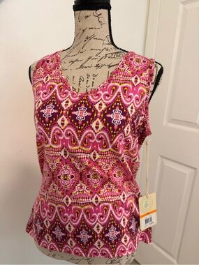 Caribbean Joe Pink Burgundy Patterned V-Neck Tank Top
